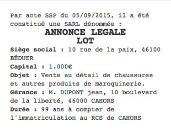 annonce legale lot